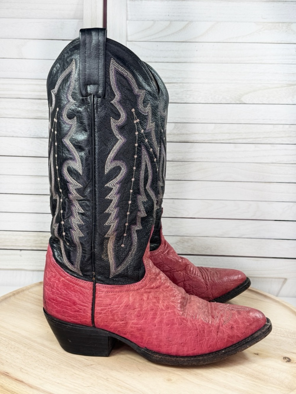 Vintage Dan Post Ostrich Leather Stitched Upper Cowgirl Boots Pink Blackโ 7.5